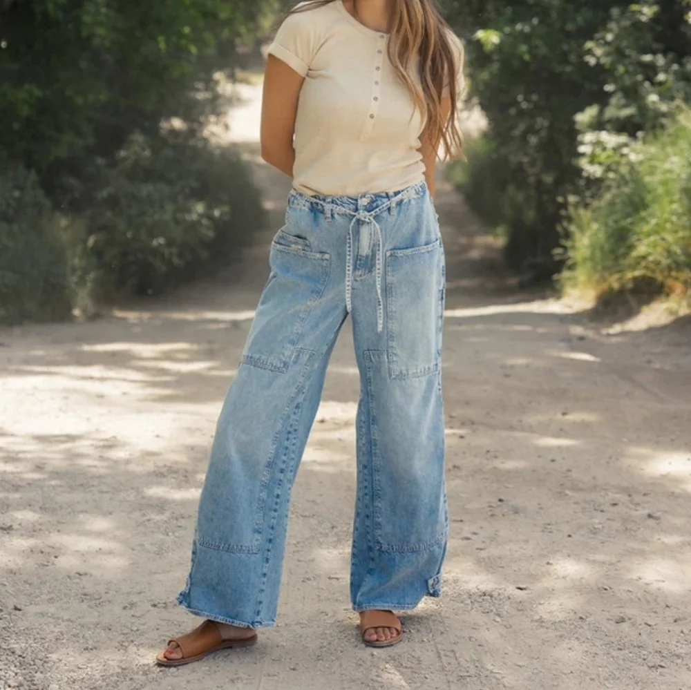 Free People We The Free Curvy Outlaw Wide‎ Leg Denim Jeans Tie Front